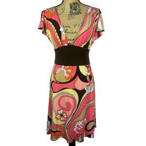 VTG Y2K midi Dress Sz M Babydoll Boho Funky Psychedelic Print Flutter Sleeves
